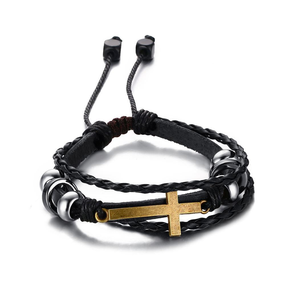 Black Leather Cross Bracelet