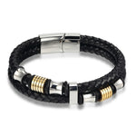 Double Layer Braided Leather Bracelet Men's - Steel Beads