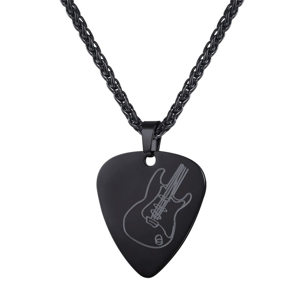 Guitar Pick Necklace | Men's Rock Music Pendant Stainless Steel, Black