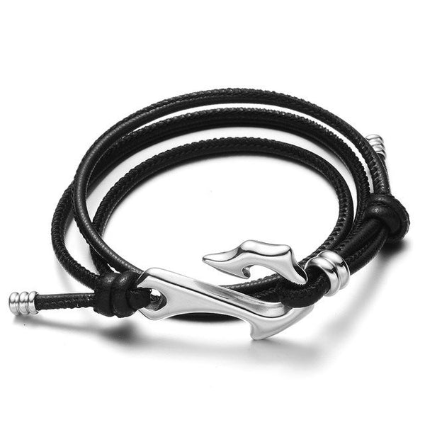 Leather Fish Hook Bracelet - Silver, Adjustable