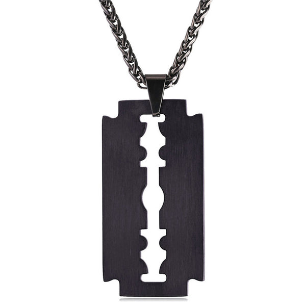 Razor Blade Black Edge Dog Tag Pendant Stainless Steel Necklace 